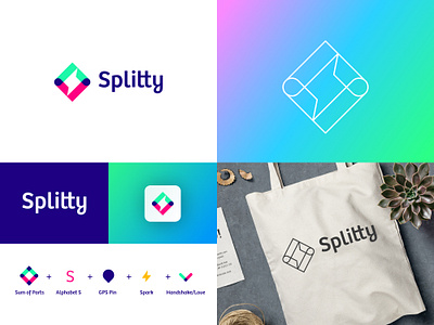 Splitty alphabet booking branding clever construction design gradient logo outline s spark startup summer travel