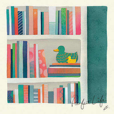 Perfect Life <4> Books! books bookshelf day life digitalart digitalpainting doll duck green home illustration life pattern photoshop wacom intuos wallpaper