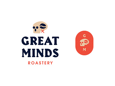 Great Minds Roastery badge logo brand and identity brand identity branding coffee logo logo skull logo type typography vector