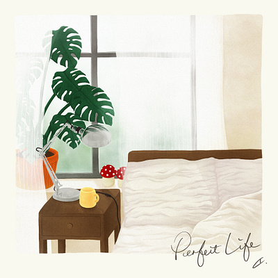 Perfect Life <5> Morning Light bed bedroom color curtain day life digitalart digitalpainting green home illustration life light morning mushrooms photoshop plants shadow wacom intuos warm window