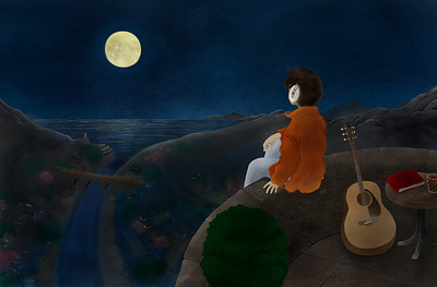 Full Moon blue dark digitalart digitalpainting emotional full moon guitar handdrawn illustration light moonlight mountain night people poetic sea silent solo view wacom intuos