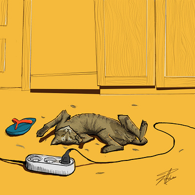 Meow? animal art artist artwork cat cute digital illustration digitalart flip flops furry illustration illustration art messy movement room style summer weird wire yellows