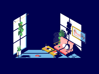 Living space 50s baby blue block dark blue dog experiment flat illustration isometric light livingcoral matisse pink plants shadow