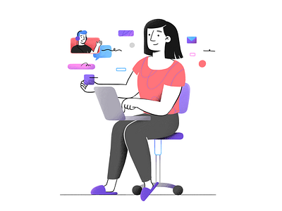 Working Remotely 2d 2d illustration brushes call chair character character design headphones illustration laptop line man photoshop shapes textures video call woman working workspace