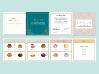 Choux Bakery Accordion Fold Menu bakery brand branding dessert detailed food food and drink food photography french layout linework luxury menu design pastel pastry shop