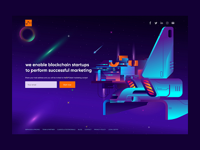 Space landing page design UFO START adaptive animation bitcoin blockchain crypto cyberpunk debut design illustration interaction landing landing page minimal pink space startup ui webdesign