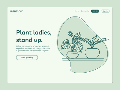 landing page: plant[h]er daily ui dailyui dailyui 003 dailyuichallenge design desktop design figma homepage illustration landing page landing page design landingpage planter plants ui ui design