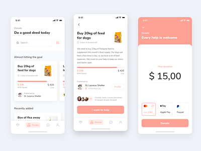 Donation feature from Pet adoption app adobexd adoption app app design bottom navigation cards design cards ui cat crowdfunding crowdfunding campaign dog dog app donate donation payment app pet pet adoption pet app ui uidesign