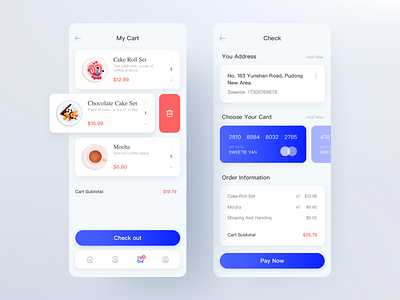 Breakfast app afternoon tea app blue ui card check page checkout clean ui design flat illustration ios ios12 my cart pink ui ui design ux vector