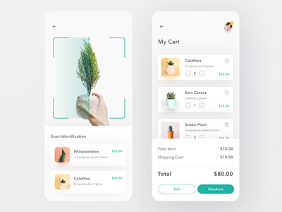 Plant Commerce App app card cards cart clean ecommerce green ios login mobile plant plants profile scan shop ui
