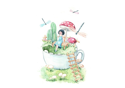 Little Garden alone dragonfly dreamland fairytale girl illustration thanhxinh watercolorpainting