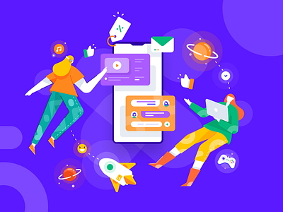 Surfing The Internet Illustration character colorful design flat flatdesign illustration internet internet surfing noansa planet purple rocket surfing teamwork web