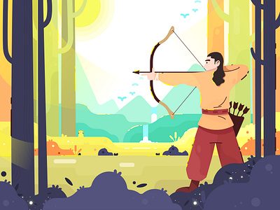 Hunter arrow art birds bow cat design flowers forest green handsome light line magic mountain plant sky sun tree
