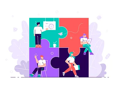 Teamwork brainstorming building business business people character cooperation creativity design flat illustration metaphor office partnership people pieces puzzle team teamwork vector work