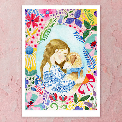 Sometimes all you need is love a5 art blonde hair cape town design dog illustration flowers folk clothing illustration pattern pink watercolor