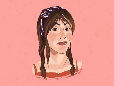 Portrait of Morgan brunette drawing editorial illustration limited palette painting pigtails pink portrait portraiture procreate texture