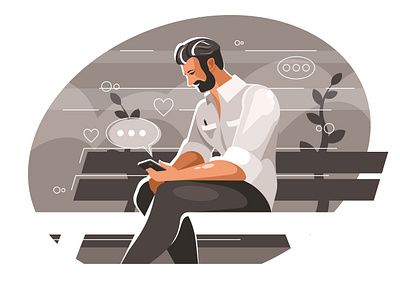 Man with smartphone in park communication connection couch device guy handsome happy internet man message network one phone sending sitting smartphone technology telephone vector wifi