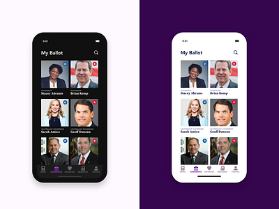 Election Mobile Application - My Ballot Page avenir dark mode dark ui flat design ios mobile app design mockup sketch source serif pro ux ui design
