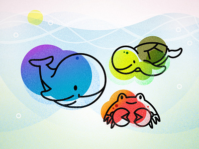 Kawaii Ocean Creatures (revised) childlike crustacean kawaii kawaii art ocean sea sea turtle texture underwater waves whale