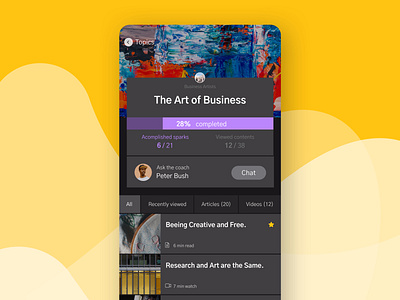 Intao Dark UI Topics Art app art artwork black clean dark dark mode dark theme dark ui graphic design interface ios list view mobile progressbar ui ui design uiux ux yellow