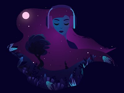 Music of life art art book illustration artwork book illustration design earphones girl illustration music nature night nightlife vector vector illustration