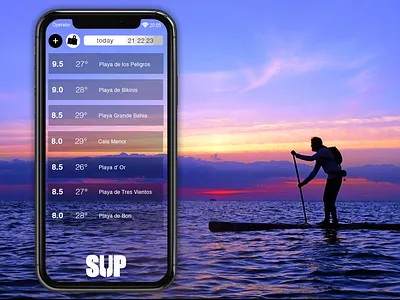 Day 037 Weather App for Paddle Surf #dailyui beach dailyui paddleboard sunset surf ui design waves weather app