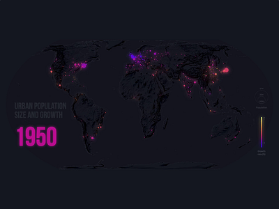 Visualising 70 years of urban population size and growth animation blue d3 dark mode dark ui data visualization design geography mapping maps pink purple svg