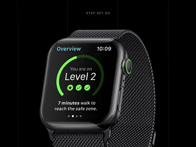 StepSetGo - Apple Watch App Concept analytics case study concept concept design dark mode dark theme data visualization notification notifications pagination progress progress bar progressbar reminder ui design ui ux design watch app watch ui watchface watchos