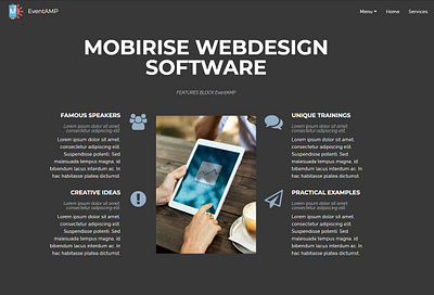 Mobirise Webdesign Software — Features BLOCK EventAMP bootstrap design html5 illustration logo responsive webdesign webdevelopment website website builder