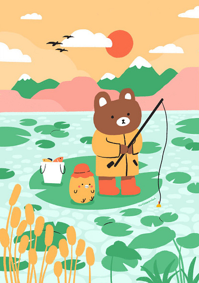 Chilling with your friend bear bird duck fishing friend lake nature