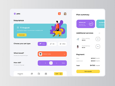 Pets insurance application app cat design dog hero illustration pets slider typography ui ux vector
