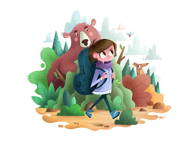 Follow the fairy adventure animals backpack bear character design forest girl illustration graphic design illustration ipad pro landscape illustration plants procreate procreate art scenery trip