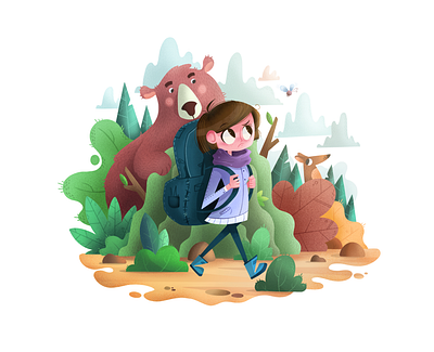 Follow the fairy adventure animals backpack bear character design forest girl illustration graphic design illustration ipad pro landscape illustration plants procreate procreate art scenery trip