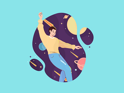 universe art blue cute dance dance music dark blue handsome illustration jump line man meteor pink planet stars universe yellow