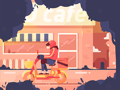 D cafe box bubble cafe cloud glass man motorbike motorcycle orange pizza pizzaguy plant shop sky takeaway tree yellow