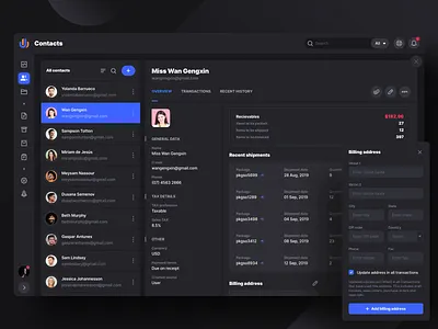 Contacts overview app cards clean crm dark ui dashboard design erp forms grid interface layout product design profile saas table ui ux