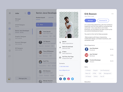 Applicant Profile View applicant contacts dashboad experience full view info managing modal personal profile skills slide