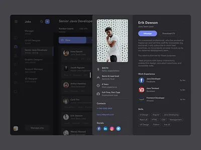 Applicant Dark View applicant black contacts dark mode dark ui dashboad experience info profile skills slider social ui ux