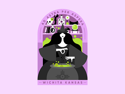 Wichita, Kansas bookshelf brand identity branding cauldron character city crystal ball flat design halloween illustration kansas keeper of the plains monoline potion print design spooky wichita witch