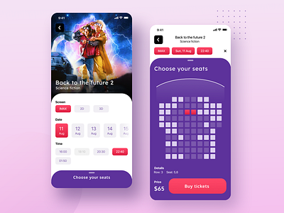 Cinema App Concept app application book cinema clean concept design figma fiolet flat icons interface ios iphonex minimal mobile movie tickets ui ux