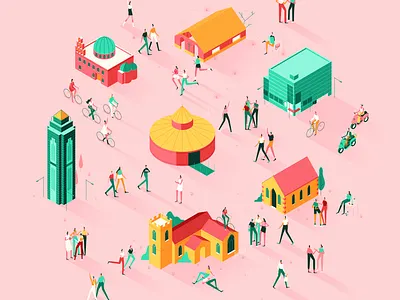 Community characters colour digital editorial folioart illustration isometric muti people
