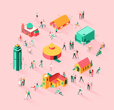 Community characters colour digital editorial folioart illustration isometric muti people