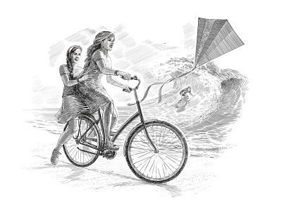 Illustration to the book of Peter Shhekalev beach bike ride graphic illustration surfing