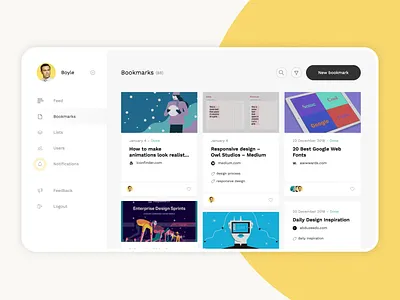Bookmarking Application 2019 app cards design interface minimal sidebar ui ux web website