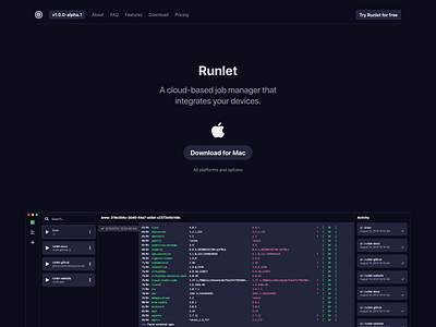 Runlet Web #1 arm css dark dark ui electron html iot javascript linux mac runlet website windows