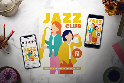 Jazz Club Flyer band concert fest festival flyer girl illustration indie instagram instagram template jazz jazz band jazz flyer jazz poster lady motown music concert poster saxophone