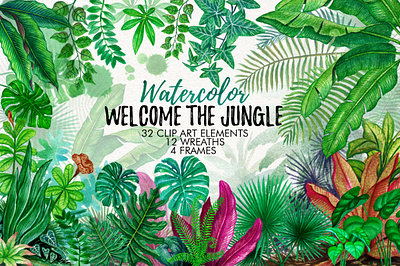 Watercolor Tropical Leaves in the Jungle cards design flower graphic illustration invitations jungle leaves pattern tropical tropics watercolor