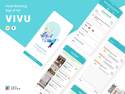 Vivu Hotel Booking App UI Kit app capi colors creative design figma illustration ios mobile sketch ui ui kit vector