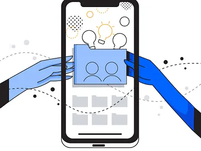 Mobile first blue enterprise flat illustration hands ideas interface iphone process shapes sharing ui uiux users