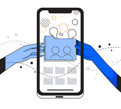 Mobile first blue enterprise flat illustration hands ideas interface iphone process shapes sharing ui uiux users